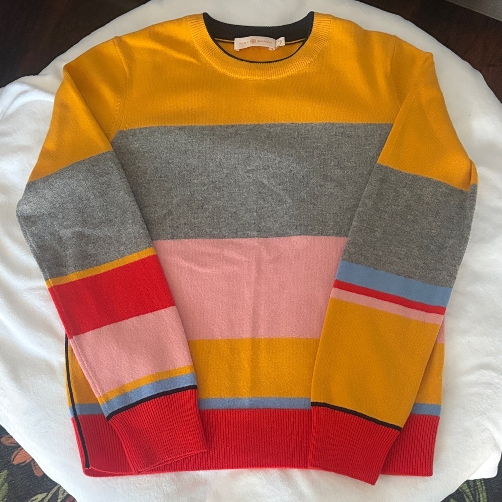 Tory Burch Women's Color Block Sweater in Yellow, Gray, Pink, and Red